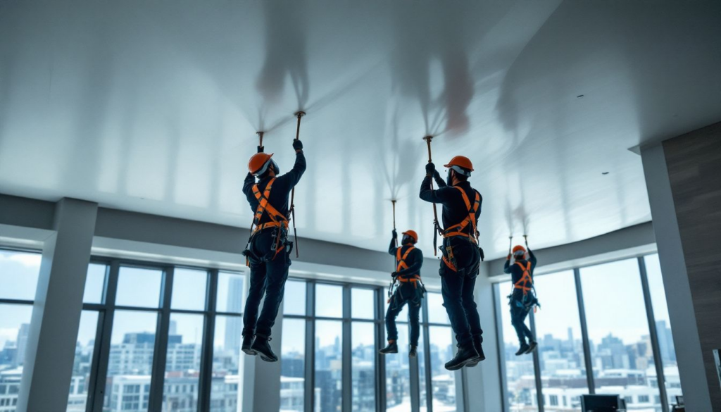 A team of experts installing stretch ceilings in a Canadian commercial space.