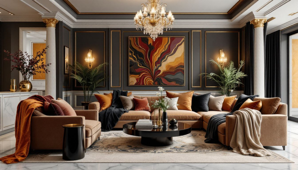 Layering of luxe textures in a luxury interior space.