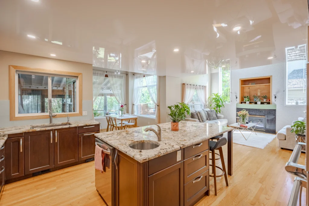 White glossy stretch ceiling kitchen